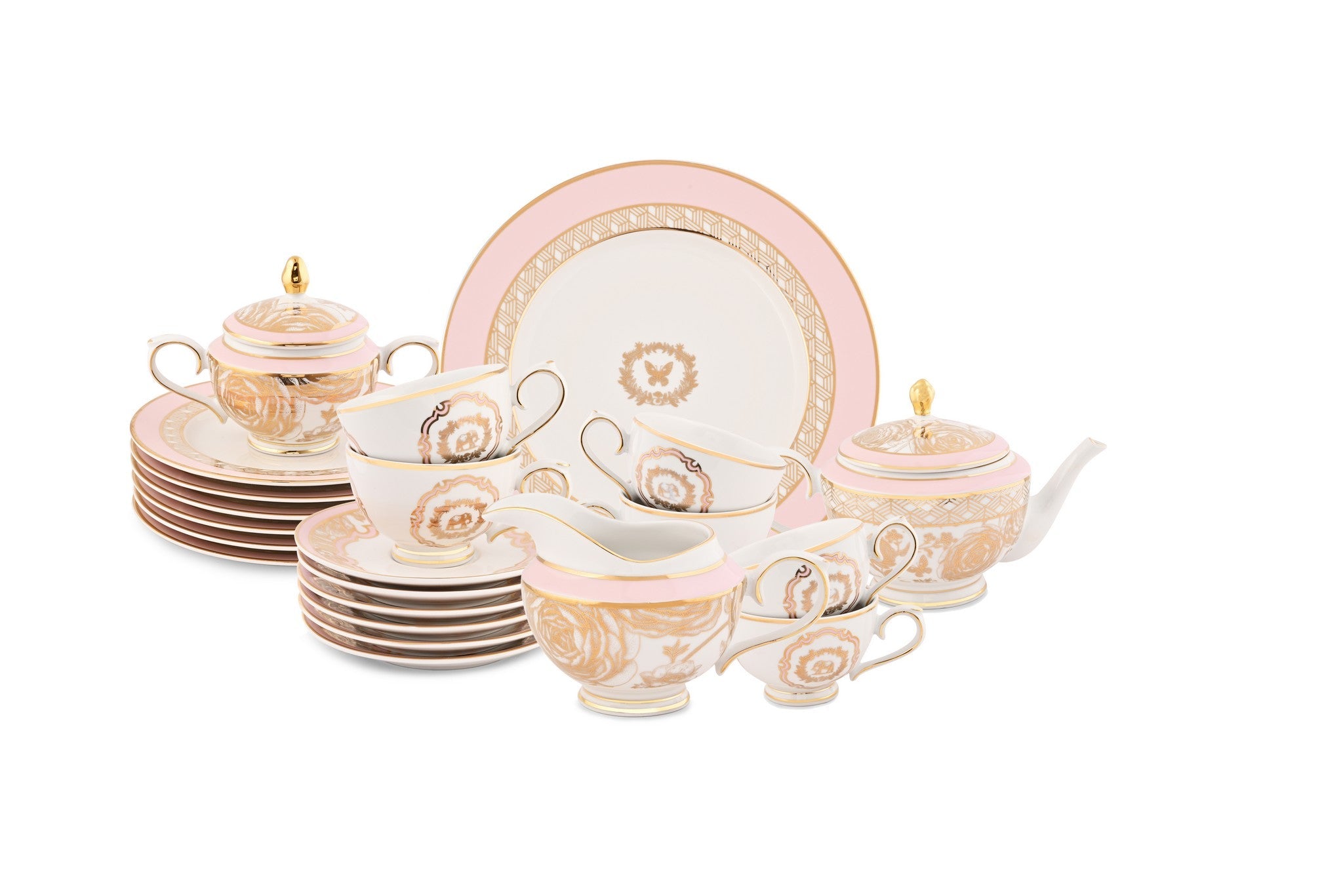Hitkari Porcelain Mimosa Tea Set of 24 | Luxury Tea Cup saucer with Elegant Design |Gold Pink