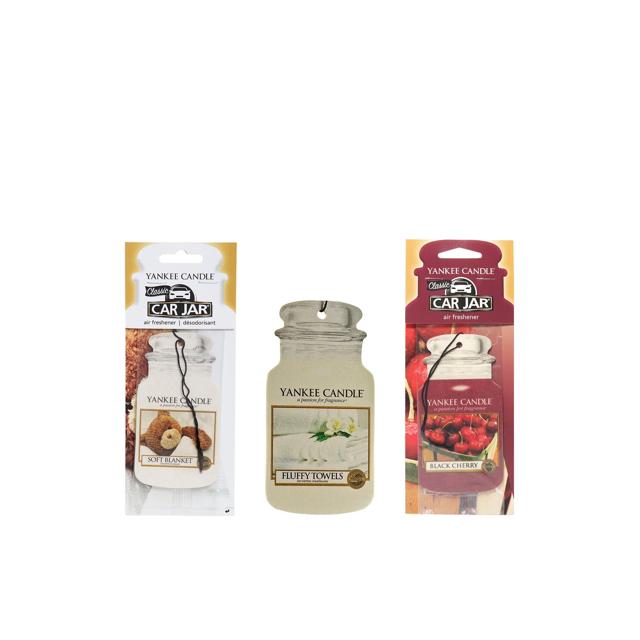 Yankee Candle Car Jar Air Freshener - Soft Blanket, Black Cherry, and Fluffy Towels (Pack of 3)